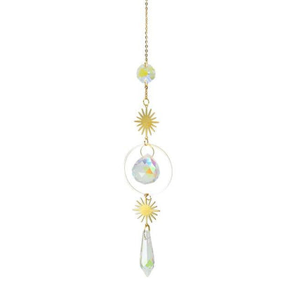 Metallic Hoop Moon Sun Catcher Hanging Crystal Pendant Chandelier Lamps Light Crystals Glass Pendants Light Rainbow Maker Wind Chime Hanging Drop Gift of Good Luck Garden Decor Hanging Ornament For Home Decoration