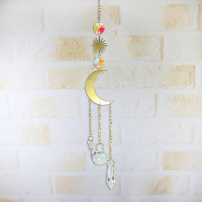 Metallic Hoop Moon Sun Wind Chimes Crystals Sun-catcher Ornament With Chakra Energy K9 Crystal Ball Prisms Hanging Rainbow Chaser Window Curtains Pendant Home Decor Gifts