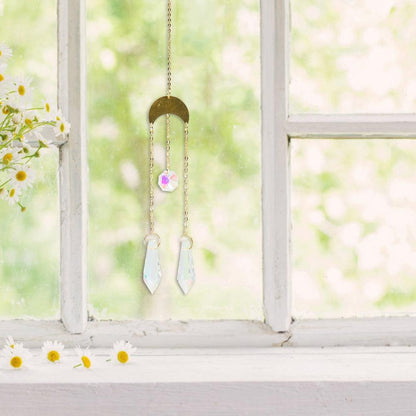 Metallic Hoop Moon Sun Wind Chimes Crystals Sun-catcher Ornament With Chakra Energy K9 Crystal Ball Prisms Hanging Rainbow Chaser Window Curtains Pendant Home Decor Gifts