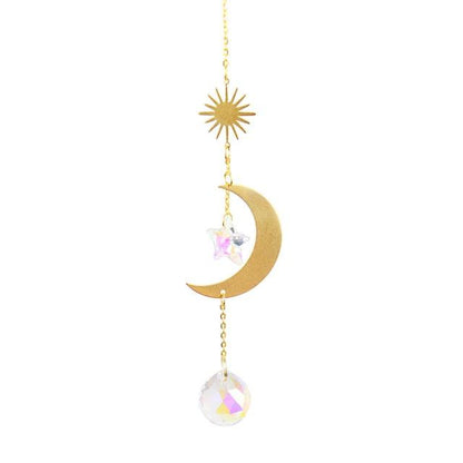 Metallic Hoop Moon Sun Wind Chimes K9 Crystal Prisms Hanging Sun-catcher Rainbow Chaser Window Curtains Pendant Home Decor Gifts For Wall Hanging Decor Room Home Photography Prop