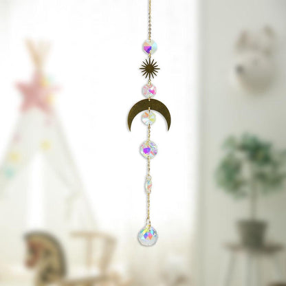 Metallic Hoop Moon Sun Wind Chimes K9 Crystal Prisms Hanging Sun-catcher Rainbow Chaser Window Curtains Pendant Home Decor Gifts For Wall Hanging Decor Room Home Photography Prop