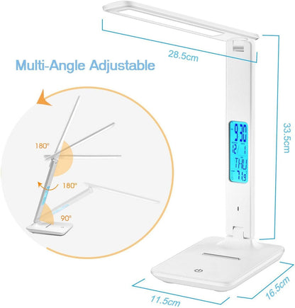 Modern Business Led Office Desk Lamp Touch Dimmable Foldable With Calendar Temperature Alarm Clock table Reading Light Decorative Table Lamp Cute Study Lamps for Bedroom Décor