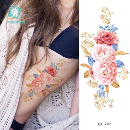 Modern Waterproof Red Flowers Tattoo Multi-Colored Stickers Back Waist Temporary Tattoo Luxury Style