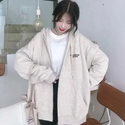 Modern With Hat Hoodies Women  Kangaroo Pocket Casual Loose Solid Color Sweatshirt Female  Fashion New Female Tops Sports Clothing Oversized Zip Hooded Sweatshirt Cotton Women Autumn Hoodie