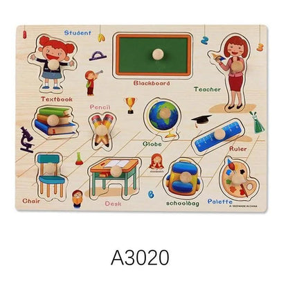 Montessori Wooden Puzzles Hand Grab Boards Toys Tangram Baby Educational Toys Cartoon Vehicle Animals Fruits 3D Puzzles