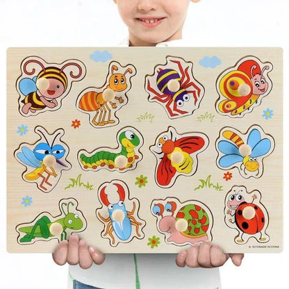 Montessori Wooden Puzzles Hand Grab Boards Toys Tangram Baby Educational Toys Cartoon Vehicle Animals Fruits 3D Puzzles