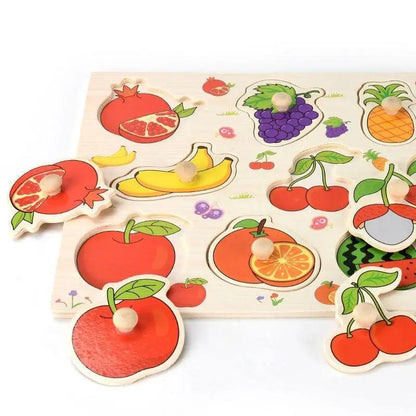 Montessori Wooden Puzzles Hand Grab Boards Toys Tangram Baby Educational Toys Cartoon Vehicle Animals Fruits 3D Puzzles