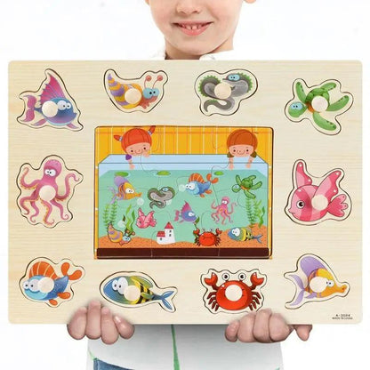 Montessori Wooden Puzzles Hand Grab Boards Toys Tangram Baby Educational Toys Cartoon Vehicle Animals Fruits 3D Puzzles