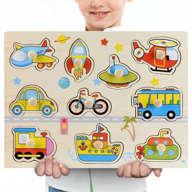 Montessori Wooden Puzzles Hand Grab Boards Toys Tangram Baby Educational Toys Cartoon Vehicle Animals Fruits 3D Puzzles
