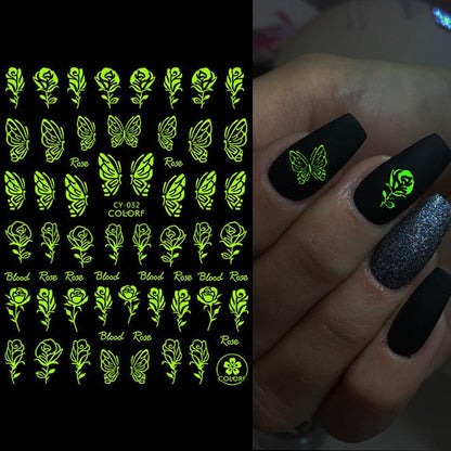 Nail Stickers Back Glue Fluorescent Light Flame Butterfly Moon Love Pattern Designs Nail Decal Decoration Tips For Beauty Salons Glow in Dark Nail Stickers Self-Adhesive Nail Art Decals Butterfly Flower Star Heart Nail Strips Glow Dark Nail Art Manicure