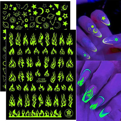 Nail Stickers Back Glue Fluorescent Light Flame Butterfly Moon Love Pattern Designs Nail Decal Decoration Tips For Beauty Salons Glow in Dark Nail Stickers Self-Adhesive Nail Art Decals Butterfly Flower Star Heart Nail Strips Glow Dark Nail Art Manicure