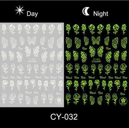 Nail Stickers Back Glue Fluorescent Light Flame Butterfly Moon Love Pattern Designs Nail Decal Decoration Tips For Beauty Salons Glow in Dark Nail Stickers Self-Adhesive Nail Art Decals Butterfly Flower Star Heart Nail Strips Glow Dark Nail Art Manicure