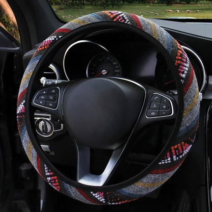 New Baja Blanket Car Steering Wheel Cover Linen Universal Elastic Flax Stripe Cool Interior Car Steering Wheel Cover Ethnic Style Car Accessories Steering Wheel Covers with Cloth for Women Breathable Anti Skid Better Grips Steering Wheel Cover Women