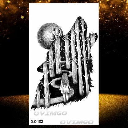 New Black Wolf Forest Sticker Tattoos Temporary Tree Fierce Animal Body Tattoo Luxury Design Custom Tatoos For Mens