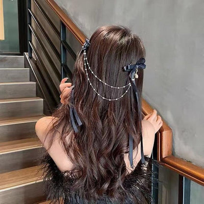 New Bow Pearls Chain Barrettes Hairpins For Women Rhinestone Spring Hair Clips Ribbon Headband Ponytail Headdress Wedding Hair Accessories for Brides and Bridesmaids