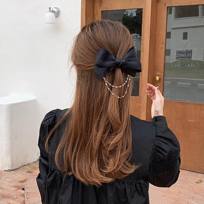 New Bow Pearls Chain Barrettes Hairpins For Women Rhinestone Spring Hair Clips Ribbon Headband Ponytail Headdress Wedding Hair Accessories for Brides and Bridesmaids
