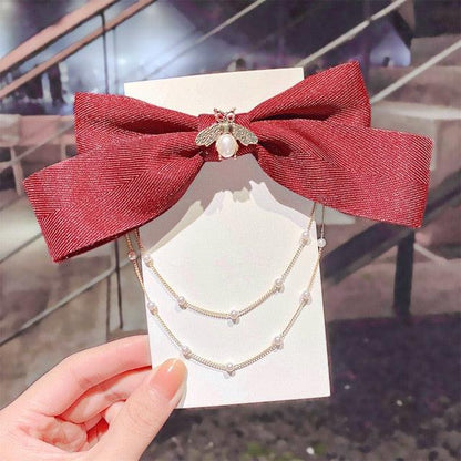 New Bow Pearls Chain Barrettes Hairpins For Women Rhinestone Spring Hair Clips Ribbon Headband Ponytail Headdress Wedding Hair Accessories for Brides and Bridesmaids