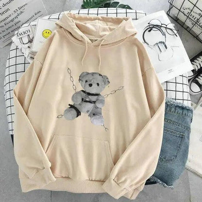 New Dark Hoodies Women Sweatshirts Female Casual Fashion Vintage Oversized Punk Fun Hip Hop Long Bear Long Sleeve Drawstring Hoodie Sweatshirt