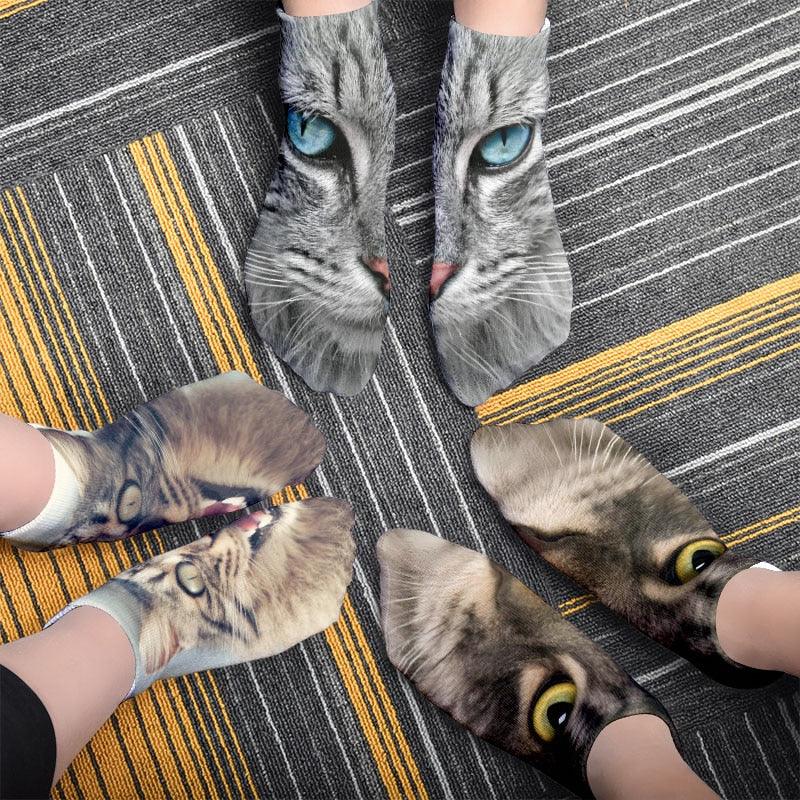 3D Printed Women Winter Christmas Socks Funny Creative Pet Cat Face Unisex Cotton Ankle Socks Children Gift Animal Lover Socks For Men And Women