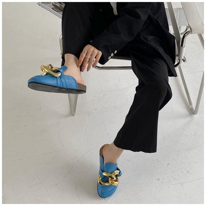 Gold Chain Women Slipper Closed Toe Slip On Mules Shoes Round Toe Low Heels Casual Slides Flat Sandals Slip On Slide Sandals Elegant Heels Slides Slippers