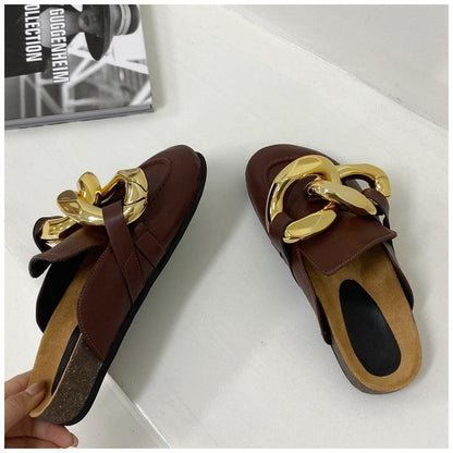 Gold Chain Women Slipper Closed Toe Slip On Mules Shoes Round Toe Low Heels Casual Slides Flat Sandals Slip On Slide Sandals Elegant Heels Slides Slippers