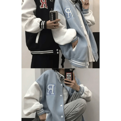 New Elegance Spring Autumn Coat Baseball Bomber Jacket Loose Letter R Men Women Couples Tops Plus Size Jackets Streetwear