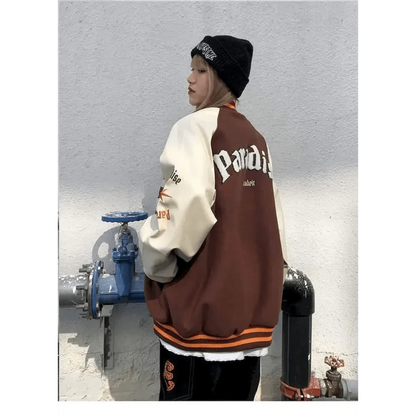 New Free Style Woman Jacket Hip Hop Furry Bone Patchwork Color Block Jackets Mens Streetwear Men Baseball Coats Unisex