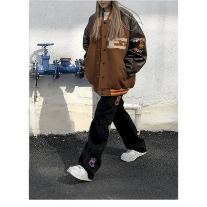 New Free Style Woman Jacket Hip Hop Furry Bone Patchwork Color Block Jackets Mens Streetwear Men Baseball Coats Unisex
