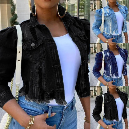 New Incredible Spring Women Sexy Ripped Denim Jackets Vintage Casual Short Jean Jacket Puff Sleeve Winter Female Coat Streetwear