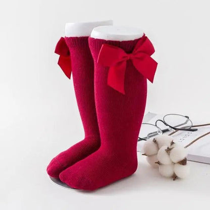 New Kids Socks Toddlers Girls Big Bow Knee High Quality Long Soft Autumn Winter 100% Cotton Lace Baby Tube Sock Baby Cotton Knee Socks Warm Big Bow Knot Baby Stockings Stylish Leg Warmer Soft Dance Socks