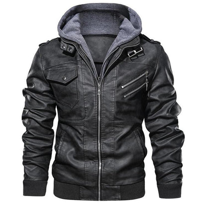 New Men's PU Leather Jackets Autumn Casual Motorcycle Jacket Biker Hooded Jackets Autumn Casual Warm Jacket Men Winter Clothing Jackets Men Black Vintage Motorcycle Jacket With Removable Hood