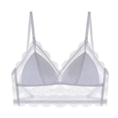 New Splendid French Style Lingerie Soft Bralette Deep V Lace Wireless Triangular Padded Cups Backless Bra