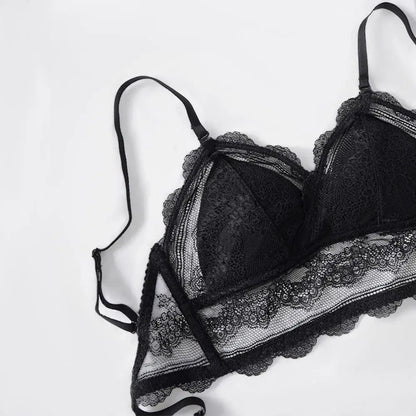 New Splendid French Style Lingerie Soft Bralette Deep V Lace Wireless Triangular Padded Cups Backless Bra