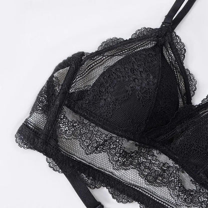 New Splendid French Style Lingerie Soft Bralette Deep V Lace Wireless Triangular Padded Cups Backless Bra