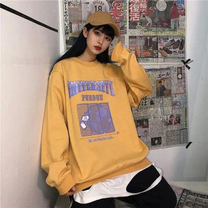New Spring Autumn O-Neck Pullover Women Loose Clothes Oversized Sweatshirt Vintage Oversized Sweatshirt Women Embroidered Retro Letter Print Long Sleeve Shirt Crew Neck Sweatshirt