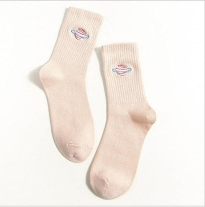 Combed Out Of Pure Cotton Socks Autumn Cute Japanese Harajuku Planet Magic Array Embroidery Long Socks Korean Style Kawaii Girls Socks For Men And Women