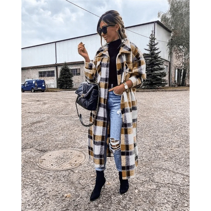 New Trendy Women's Coat Autumn Winter Long Sleeve Red Plaid Jacket Women Lapel Single Breasted Cardigan Coat Turndown Collar Women Coat