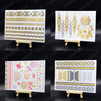 New Waterproof Temporary Tattoo Sticker Golden Silver Flower Jewelry Flash Fashion Different Design Tattoos For Womens