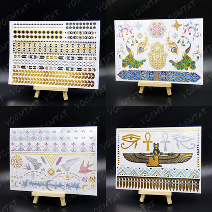 New Waterproof Temporary Tattoo Sticker Golden Silver Flower Jewelry Flash Fashion Different Design Tattoos For Womens