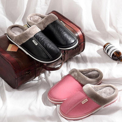 New Women Men Winter House Slippers PU Leather Cute Plush Slip On Fluffy Warm Casual Shoes  House Slippers Memory Foam Comfy Fuzzy Soft Slip On Indoor Slippers For Men