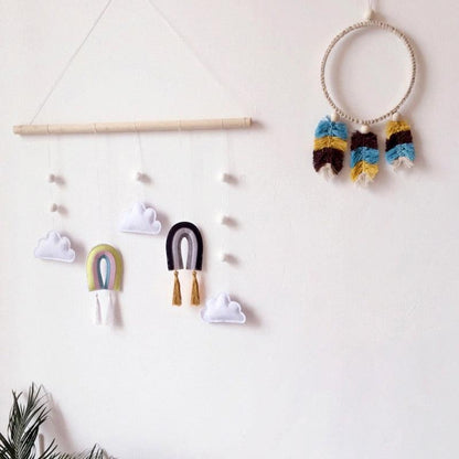 Nordic Healthier Style Cute Felt Clouds Shape Handmade Wall Hanging Fairy Tales Ornament Wooden Stick Tassel Pendant Hanging Ornaments For Kids Room Decoration Photography Props