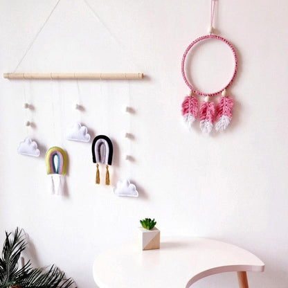 Nordic Healthier Style Cute Felt Clouds Shape Handmade Wall Hanging Fairy Tales Ornament Wooden Stick Tassel Pendant Hanging Ornaments For Kids Room Decoration Photography Props