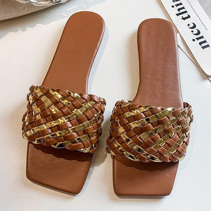 Party Luxury Ladies Slippers Charm Design Open-Toe Beach Flat Sandals Casual Flip Flops Women Shoes Flat Sandals Slip On Slide Sandals Leather Strap Flat Sandals