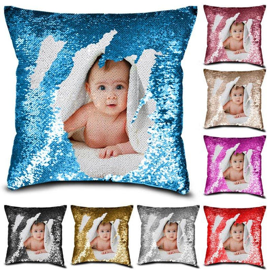 Personalised Sequin Pillow Cover Suede Fabric Cushion Cover Reveal Magic Gift Mother Of The Bride Groom Bridesmaid Baby Fun Flip Sequins Throw Pillow Cover Blue Black Couch Color Changing Decor Cushion Covers for Sofa 40X40cm