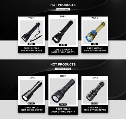 Powerful LED Rechargeable Dive Flashlight Cree Diving Flashlight Underwater Waterproof  High Lumen LED Scuba Diving  Torch Flashlight For Scuba Diving Underwater Torch