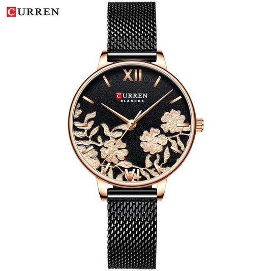 Womens Elegant Waterproof Clock With Decoupage Flower Details In Variant With Leather And Stainless Steel Knitted Belts