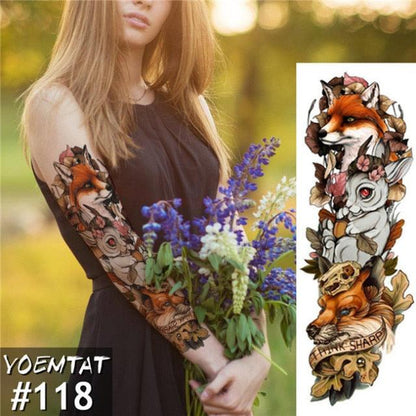 Large Tattoo Sleeve Arm Waterproof Temporary Sticker Tiger Fox For Arm Luxury Colorful Design