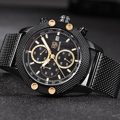 Sport Chronograph Fashion Luxury Men Watches Mesh & Rubber Band Waterproof Quartz Gold Watch For Men