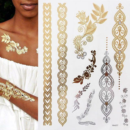 Luxury Flash Metallic Waterproof Temporary Tattoo Gold Silver Flower Tattoo Sticker Long Lasting Gold Design For Womens
