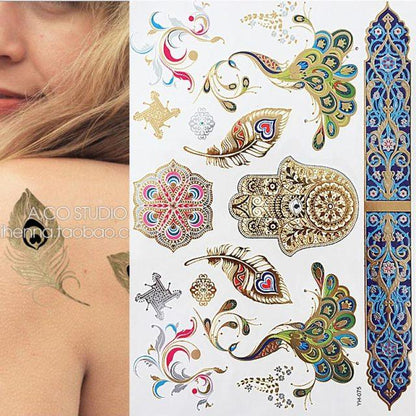 Luxury Metallic Gold Waterproof Temporary Tattoo Feather Elephant Fashion Different Design Tattoos For Womens
